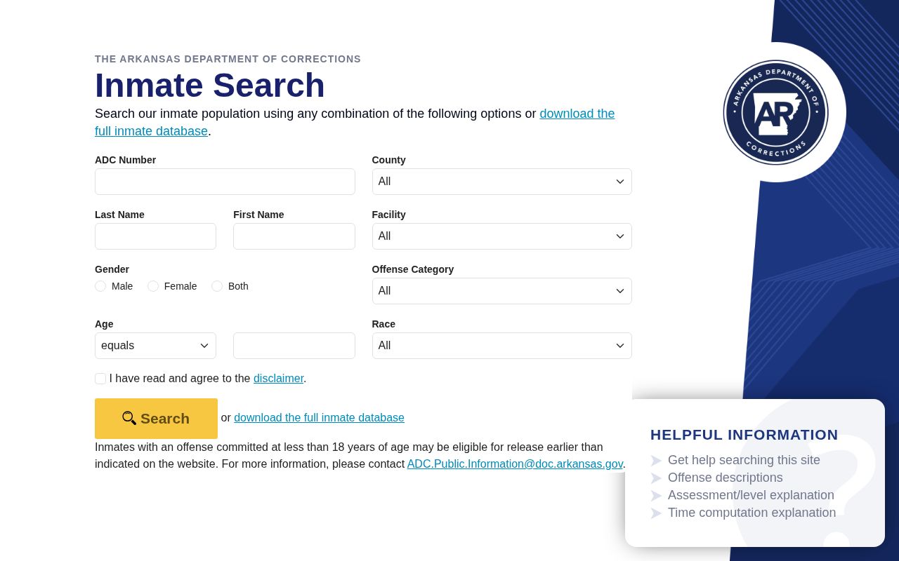 Arkansas DOC state inmate search interface