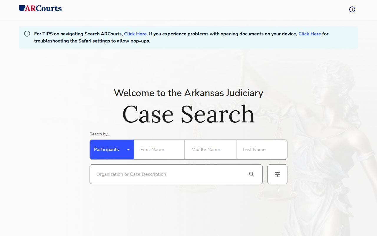 Search ARCourts interface for Woodruff County arrest case dispositions