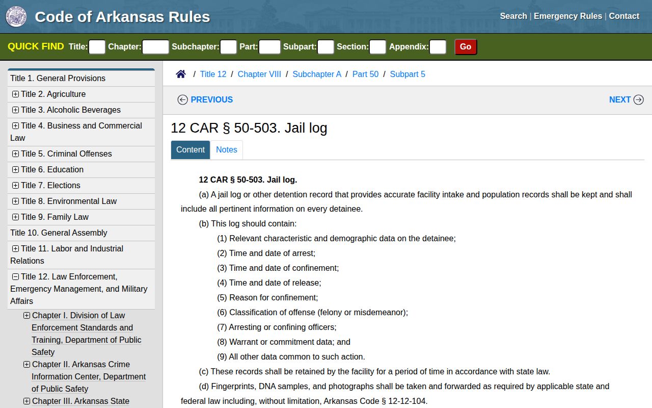 Arkansas jail-log rule with arrest and confinement fields